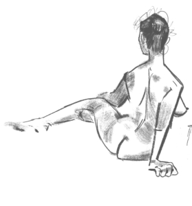 Sketch of a nude woman sitting or stretching while looking off into the distance.