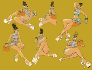 Animated drawing of multiple poses from a fashionable woman wearing an orange purse and white sunglasses.