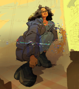 This animated image shows a woman with a puffer coat and black boots crouching down.