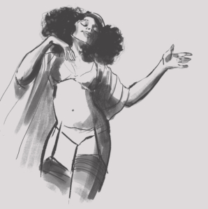 Animated sketch of a woman with big curly hair freely dancing in lingerie.